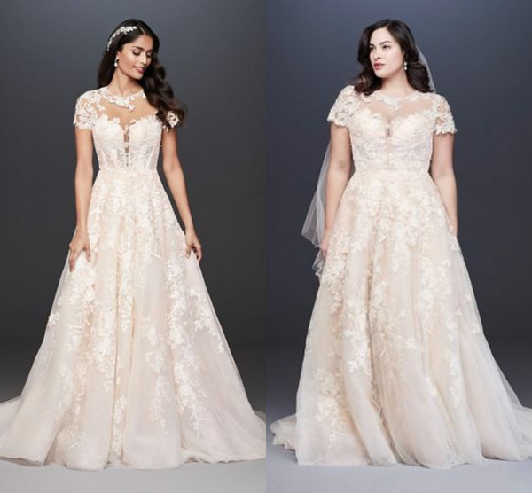 Oleg Cassini Wedding Dress Davids bridal 2019 Sheer Jewel Neck Lace Applique Plus Size Cap Sleeve Garden Country Bridal Wedding Dresses