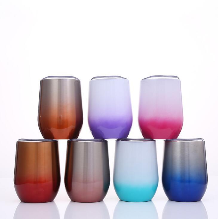 12oz Egg Shaped Cup 7 Colors Gradient Stainless Steel Wine Glasses Beer Mug Stemless Insulated Cups LJJO6861