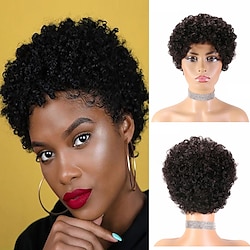Remy Human Hair Wig Pixie Cut For Black Women Short Afro Curly Brazilian Hair Cheap Wig Human Hair Capless Wig Natural Black #1BFor Daily Party Lightinthebox