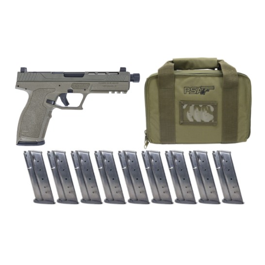 PSA 5.7 ROCK COMPLETE RK1 OPTICS READY PISTOL WITH LOWER 1/3 DAY & THREADED BARREL, SNIPER GREEN WITH 10 MAGAZINES & PSA PISTOL CASE