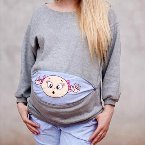Maternity Sweatshirt Long Sleeve Funny Print Zipper Pregnancy Mom Tops Sweater Hoodie Green S