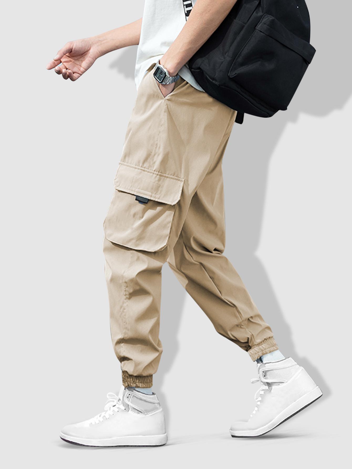 ZAFUL Men's Multi Pockets Solid Color Drawstring Jogger Cargo Pants L Light coffee