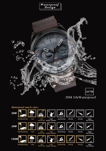 MINI Focus Fashion 3ATM Water-Proof Quartz Men Watch Genuine Leather Sports Military Style Chronograph Man Casual Wristwatch + Box