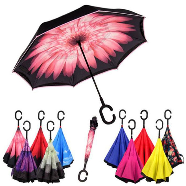 windproof reverse folding double layer inverted umbrella self stand inside out rain protection c hook hands for car 84 styles 20pcs