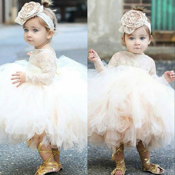 2021 Vintage Flower Girls' Dresses Baby Infant Toddler Baptism Clothes Lace Tutu Ball Gowns Birthday Party Dress Custom Made