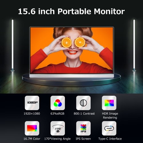 15.6 pouces moniteur Portable IPS écran 1920*1080 résolution 170° Angle de vision 60Hz taux de rafraîchissement grande compatibilité argent EU Plug
