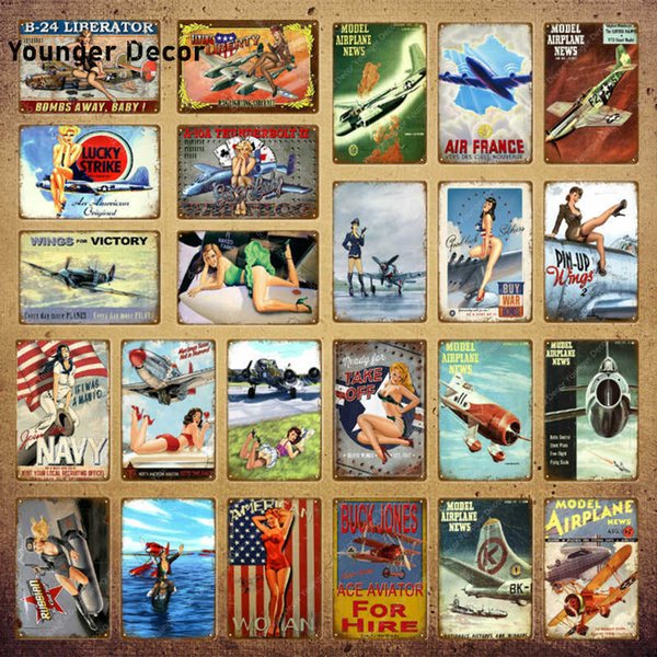 Model Airplane Metal Sign Pin Up Girls Vintage Poster American France Navy Air Plane Wall Art Painting Pub Bar Home Decor YI-187