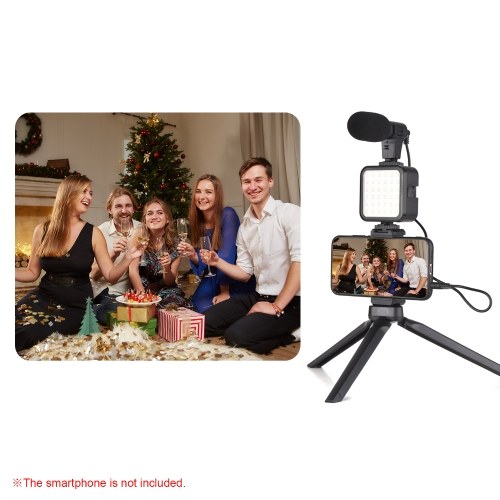 Kit de prise de vue Vlog Mini lampe vidéo LED + Microphone à condensateur super cardioïde + Clip de téléphone extensible + Trépied avec 3 niveaux de luminosité réglable pour téléphone Diffusion en direct Vlog Prise de vue vidéo Vidéoconférence Selfie