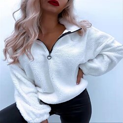 Women's Sweatshirt Pullover Sherpa Fleece Quarter Zip White Yellow Pink Plain Casual Standing Collar Long Sleeve miniinthebox