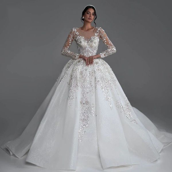 Luxurious 2023 Arabic Plus Size ball gown Wedding Dresses Backless Long Sleeves Crystals Bridal gown Stunning sequined Wed Gowns Customize