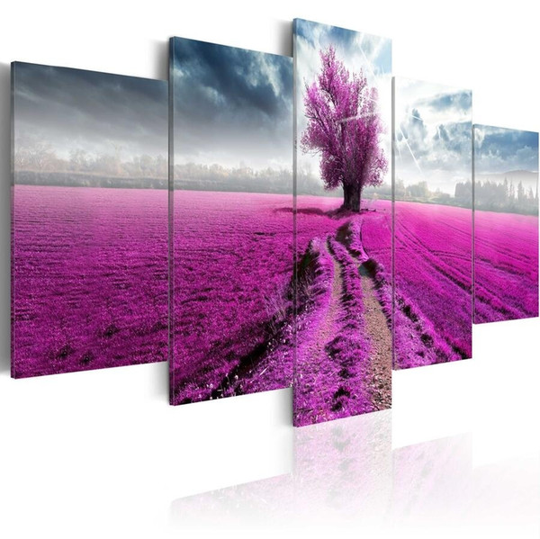 ( No Frame)5PCS/Set Modern Landscape Purple Land Tree Art Print Frameless Canvas Painting Wall Picture Home Decoration