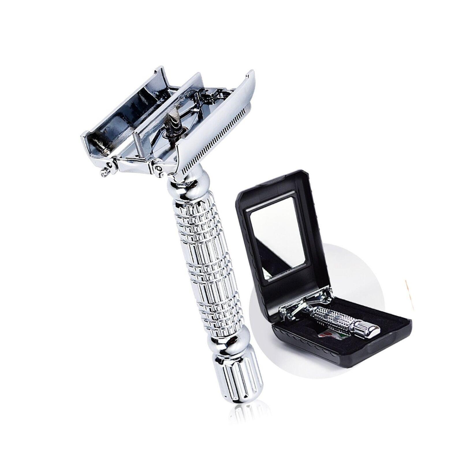 Barber Safety Blade Razor Shaver Double Edge Butterfly Twist Open T-Shaped Unisex 1 Travel Case with Mirror