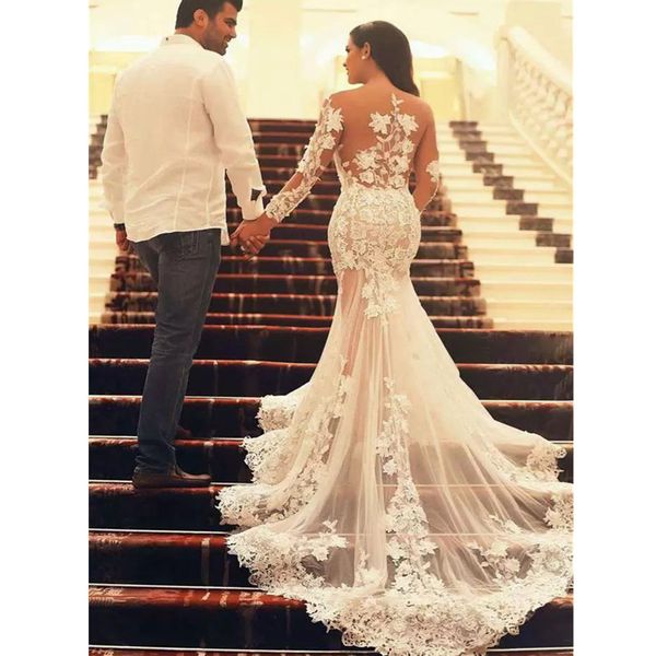 Sexy Mermaid Wedding Dresses 2022 Sheer Neck Appliques Vintage Long Sleeve Lace Ruffles Bridal Gowns Party Dresses Custom Made Plus