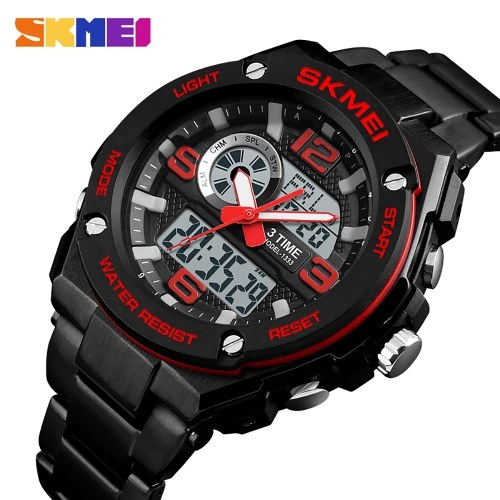SKMEI 1333 Men Quartz 3 Time Chrono Watches Countdown Analog Digital Display Wristwatch 5ATM Waterproof Fashion Casual Backlight Multifunctional Watches