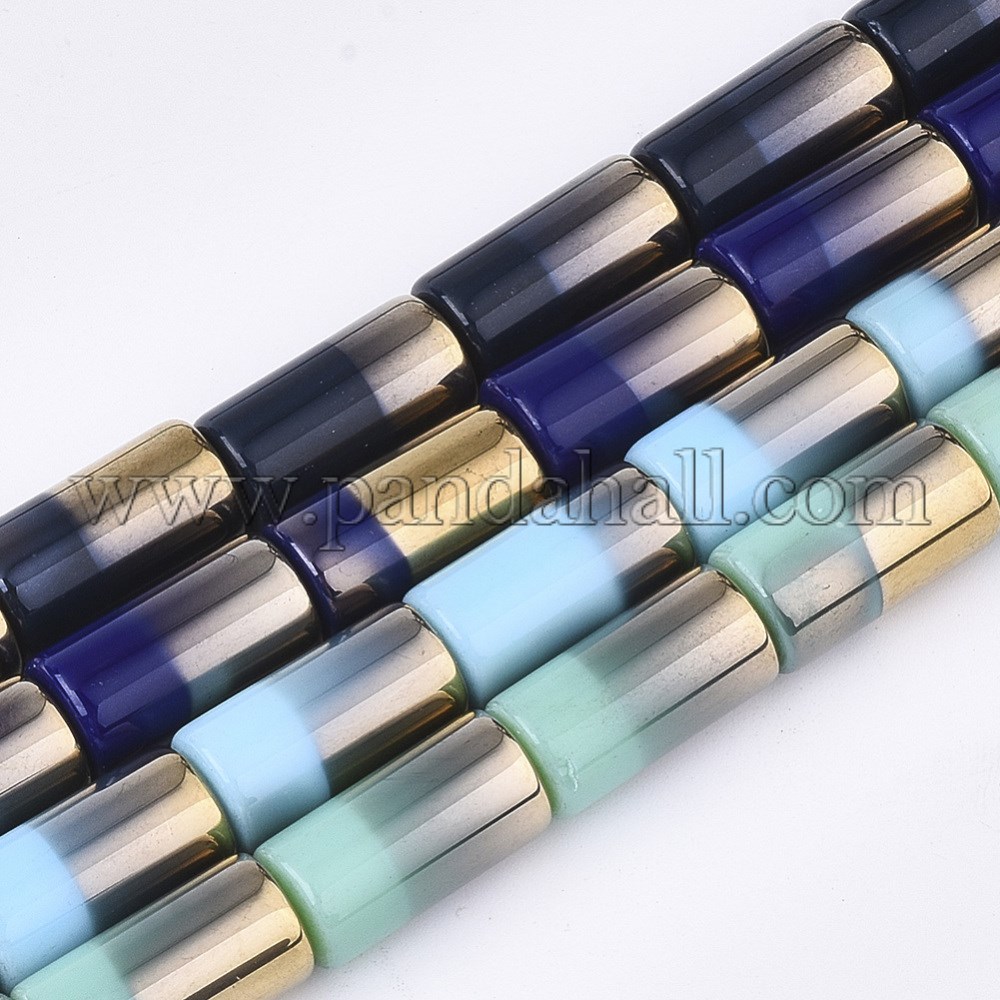 Half Electroplate Opaque Glass Beads Strands, Column, Mixed Color, 19.5~20x10mm, Hole: 1.4mm; about 17pcs/strand, 13.38''