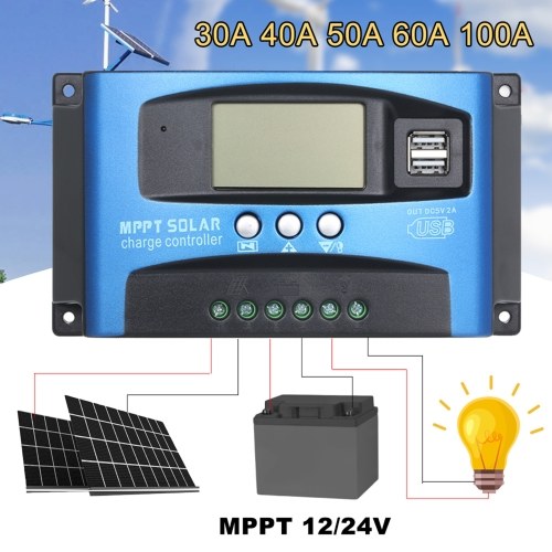 Contrôleur de charge solaire 100A MPPT double affichage LCD USB régulateur de chargeur de panneau de cellule solaire automatique