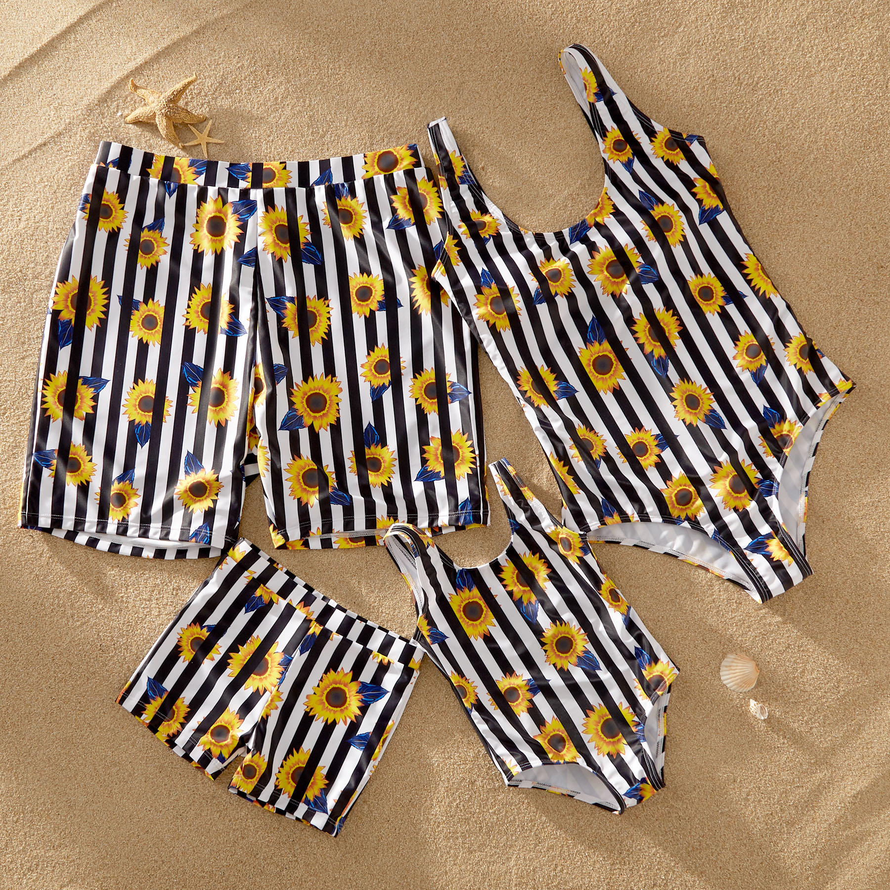 Sunflower and Striped Print Matching Swimsuits