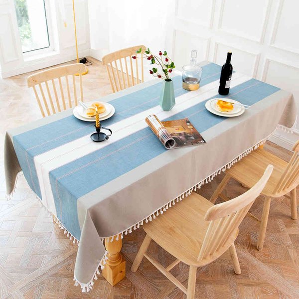 Home Decoration Simple Stitching Stripes Party Tassel Cotton Linen Tablecloth Home Textile Rectangle Dining Table Cover