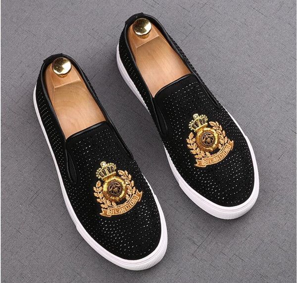 New luxury Dandelion Spikes Flat Leather Shoes Rhinestone Fashion Men embroidery Loafer Dress Shoes Smoking Slipper