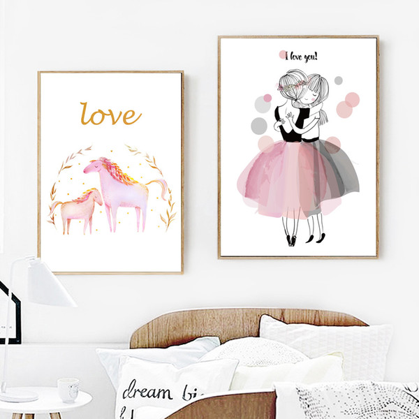 watercolor pink girl unicorn wall art canvas paintings nordic posters and prints cartoon wall pictures baby kids room girl decor