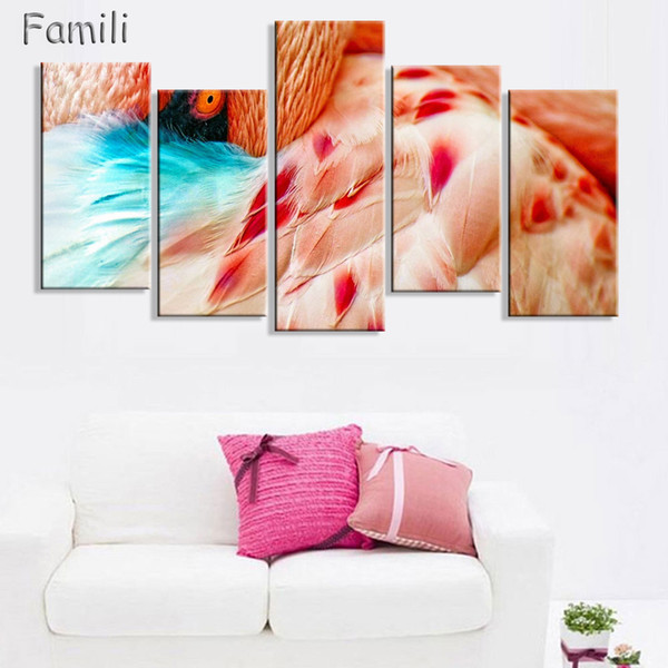 5panel/set wall art painting flamingo walking in beach pictures unframed prints on canvas animal wall pictures for living room