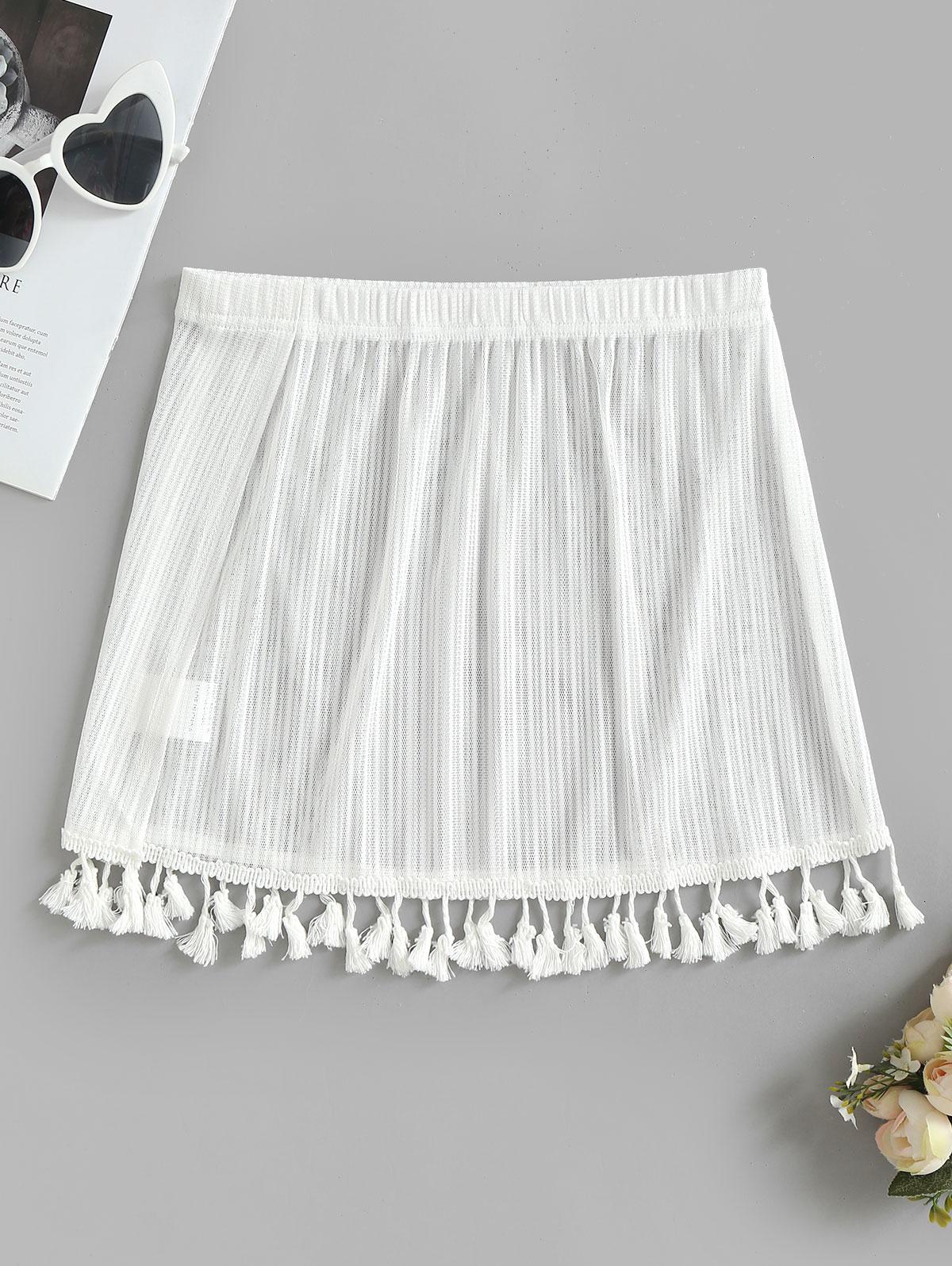 Women Beach Tassel Sheer Overlap Cover Up Beach Skirt L White