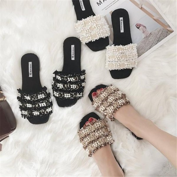 Slippers Pearl Bling Slides Shoes Women Holiday Beach Ladies 2021 Fashion Summer Black Casual