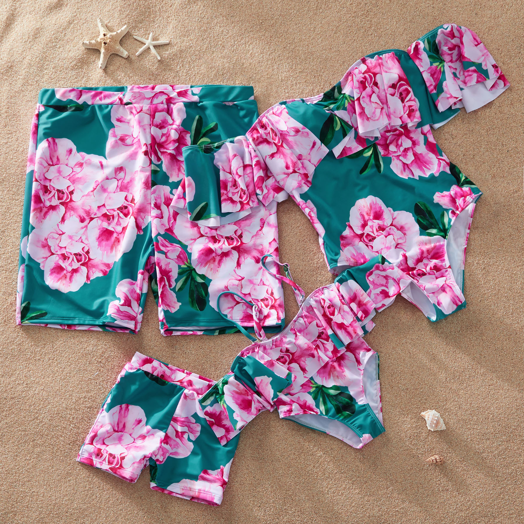 Off-Shoulder One-Piece Family Matching Swimsuit with Big Blossom