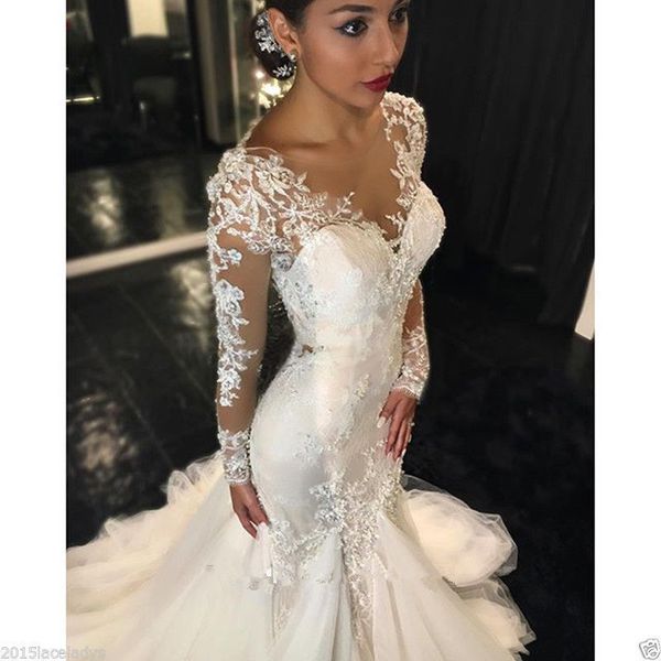 Plus Size Mermaid Wedding Dress lace V Neck Arabic Aso Ebi Long Sleeves Sexy Bridal Gowns Dresses Romantic Appliques Ruffles Gowns