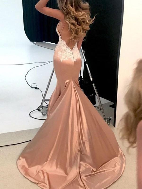 B| Chicloth Mermaid Straps V-Neck Sleeveless With Applique Sweep/Brush Train Satin Dresses - Cheap Prom Dress