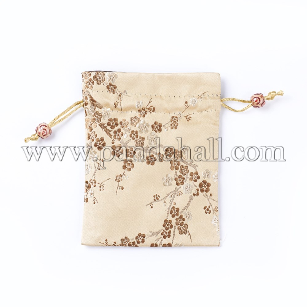 Silk Packing Pouches, Drawstring Bags, with Wood Beads, Bisque, 14.7~15x10.9~11.9cm