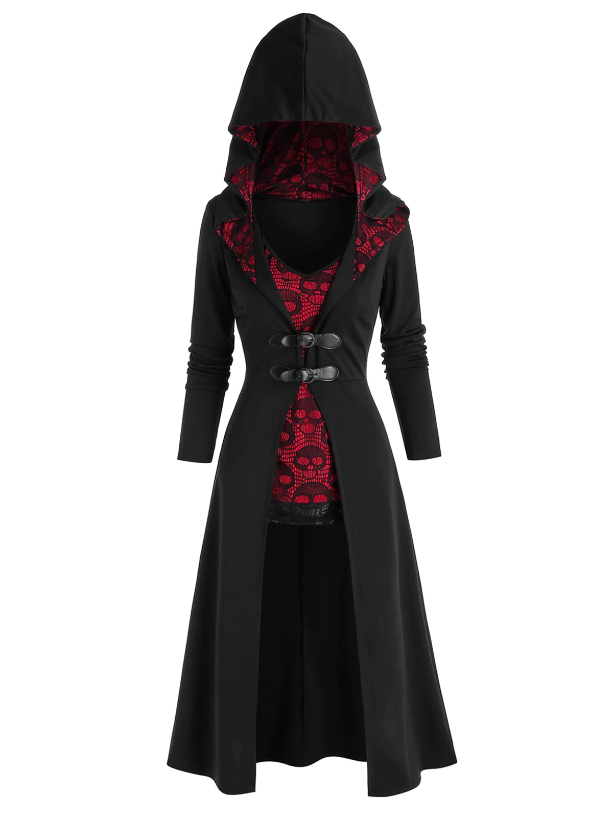 Halloween Buckles Long Coat and Skull Lace Tank Top Set