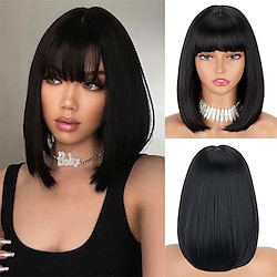 Short Black Bob Wigs with Bangs Synthetic Straight Bob Wigs for Women Natural Looking Black Short Bob Wig Heat Resistant Colorful Halloween Bob Wigs for Daily Party Lightinthebox