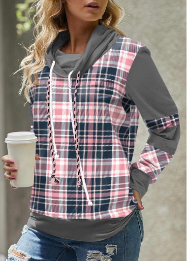 Pink Plus Size Tartan Print Long Sleeve Sweatshirt
