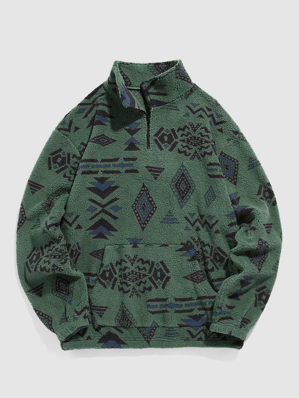 ZAFUL Men's Faux Sherpa Ethnic Print Quarter Zip Teddy Sweatshirt L Deep green