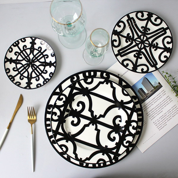 Whole sale kinds size black ceramic dishes dinnerware decorative bone china dinner plate sets steak dessert tableware