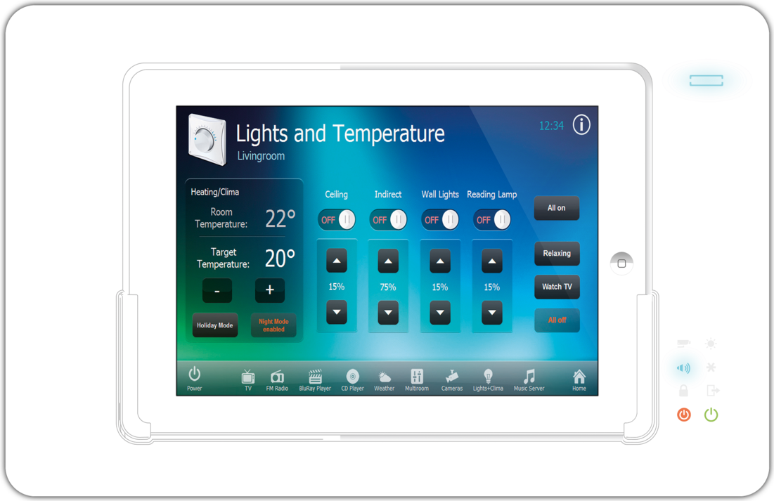 iRoom iBezel / Querformat für iPad Air 1 & 2, iPad Pro 9.7 / weiß / Touchcode-Entriegelung / integriertes programmierbares Tastenfeld für Steuerfunktionen / 110-230V / Blende Glas weiß / Lightning Stecker.Für die Unterputz- oder Hohlwandmontage ist ein (i