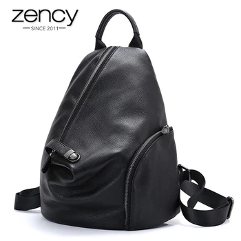 Zency 100% Genuine Leather Daily Casual Backpack For Women Classic Black Student's Schoolbag Vintage Lady Knapsack High Quality