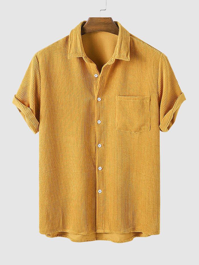 ZAFUL Men's Corduroy Solid Color Casual Short Sleeves Shirt S Deep yellow
