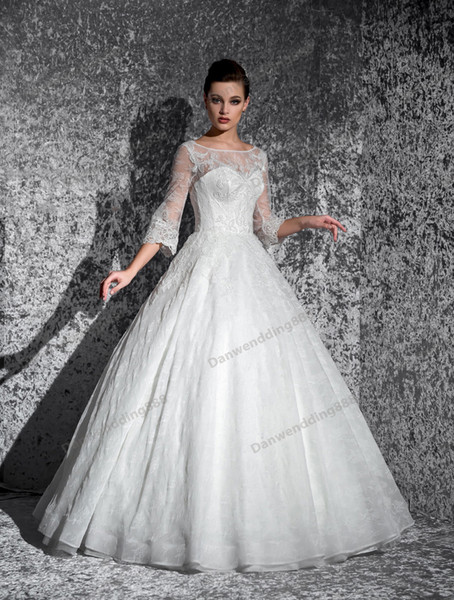 Grace White Lace Applique 3/4 Sleeves A-Line Wedding Dresses Bridal Pageant Dresses Wedding Attire Dresses Custom Size 2-16 ZW606011