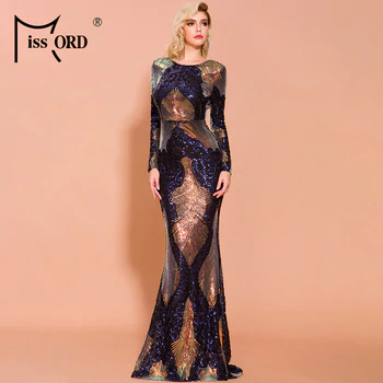 Missord 2019 Women Sexy O Neck Long Sleeve Backless Sequin Dresses Female Maxi Elegant Multi Dress  FT19747