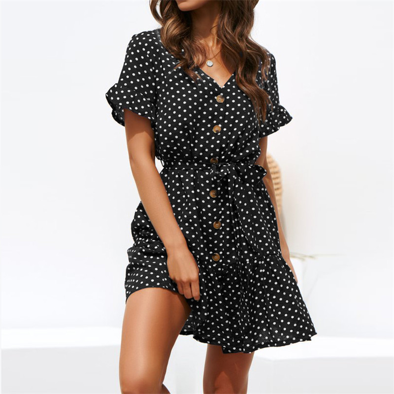 Graceful Dotted Button-Front Short-sleeve Dress
