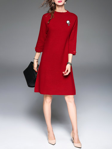 Plain Casual 3/4 Sleeve A-line Wool Blend Midi Dress