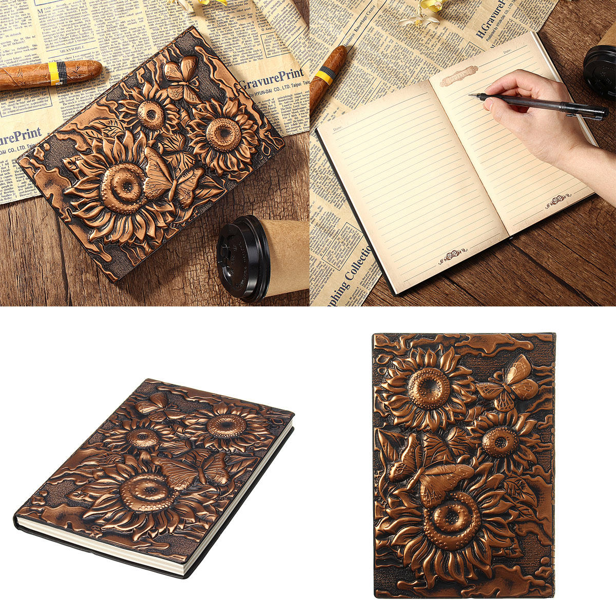 Vintage 3D geprägte Sonnenblume Reisetagebuch Notebook Journal Leder Notizblock