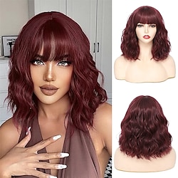 Bob Wavy Wig with Bangs Burgundy 14 Inch Natural Wave Hair Dark Wine Curly Wig for Women Daily Wearing Heat Friendly Synthetic Fiber Natural Looking Lightinthebox
