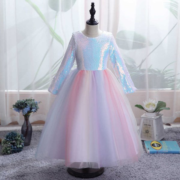 2022 Children's Dress Princess Colorful Sequin Pompous Long Sleeve Girl's Mesh Skirt