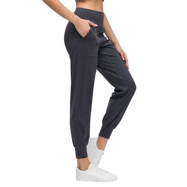 L-136 High Waist Running Track Pants Women Sweatpants Workout Tapered Joggers Pants for Yoga Lounge Gym Leggins with pocket
