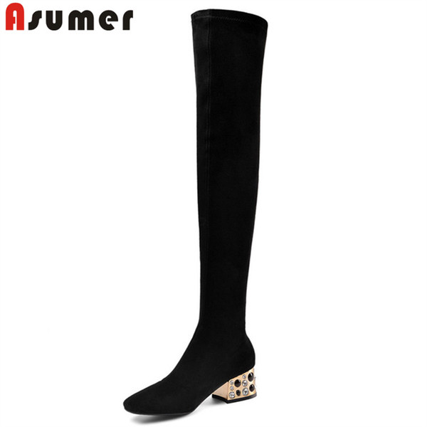 ASUMER 2020 big size 45 thigh high boots women suede leather slim stretch boots crystal square heels party wedding shoes woman