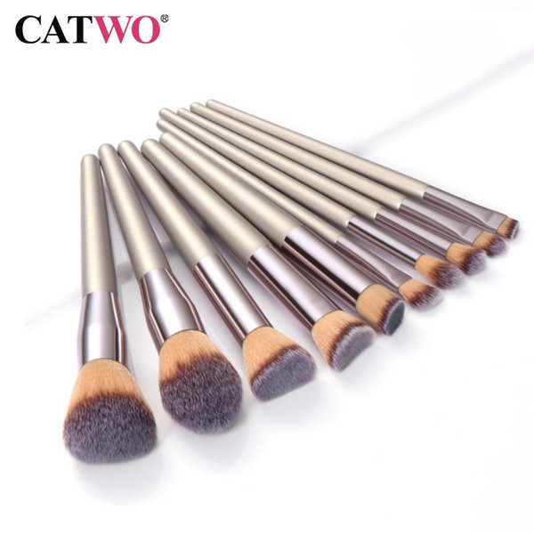 CATWO 10Pcs Champagne Makeup Brushes Set For Cosmetic Foundation Powder Blush Eyeshadow Blending Make Up Brush Beauty Tools Hot