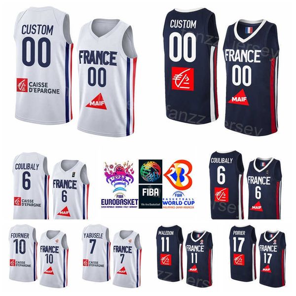Print National Team Basketball France Jersey 2022 EuroBasket 7 Guerschon Yabusele Evan Fournier Rudy Gobert Vincent Poirier Thomas Heurtel Elie Okobo Navy White